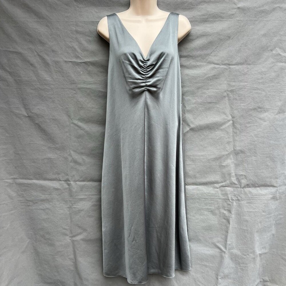 VINCE V-Neck Midi Slip Dress Sage Green Size S Sleeveless Gathered Front Party